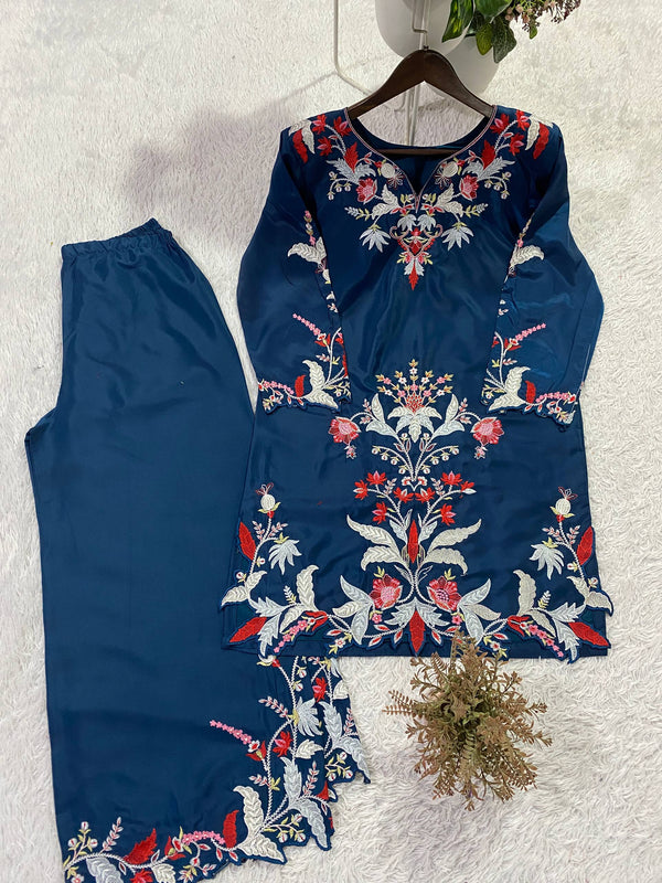 Designer French Crepe Embroidered Cut Work Co-Ord Sets with Stylish Palazzo for Women