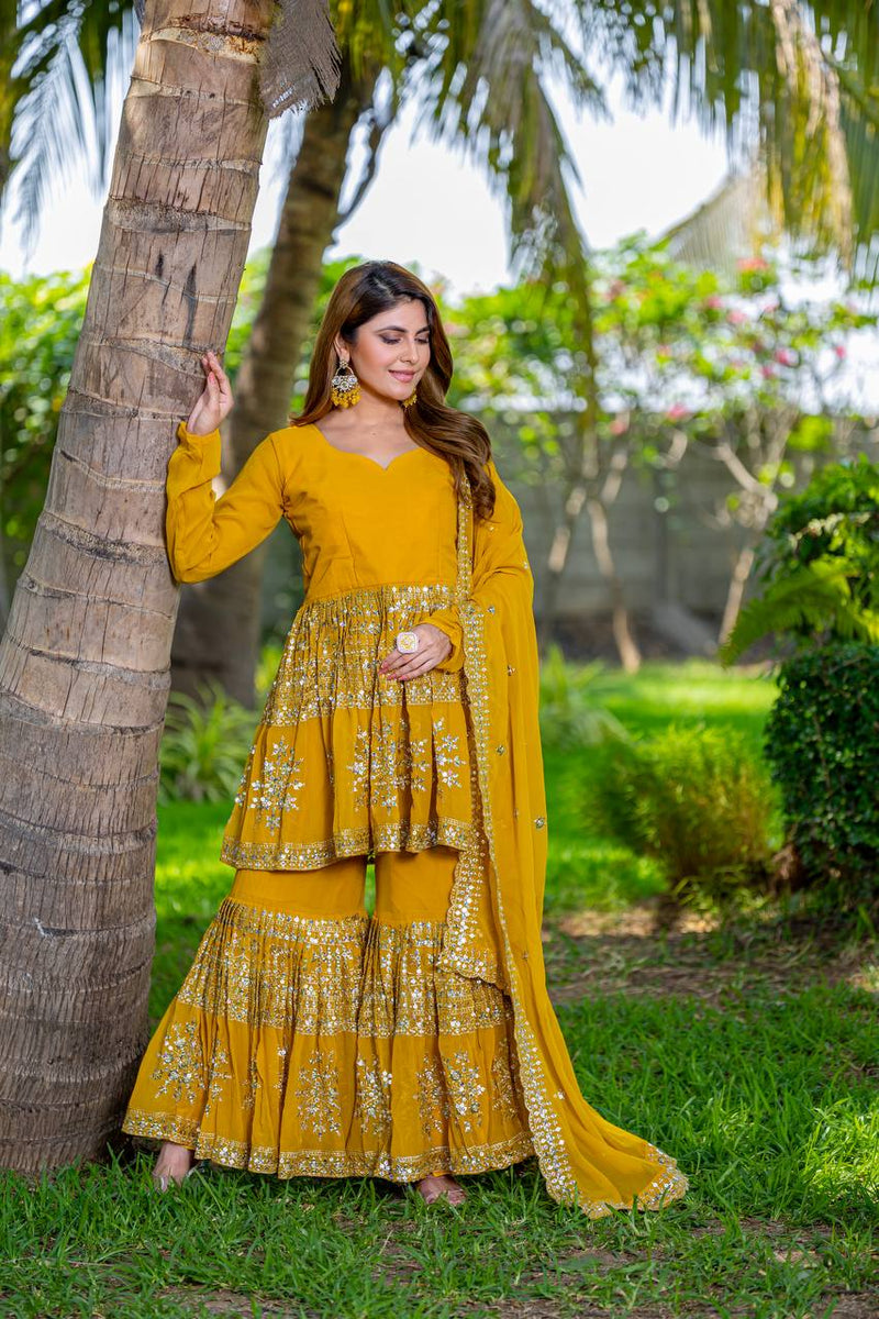 Designer Top Sharara And Dupatta In Georgette With Sequence Embroidery Work Lehenga