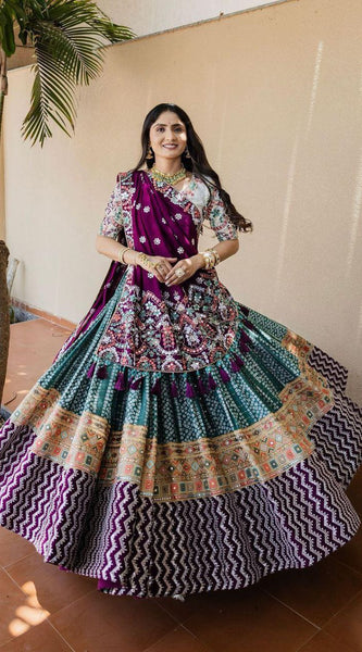 Multicolor Printed Mirror Work Lehenga
