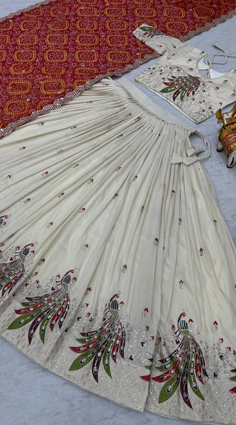 Khadi Cotton Thread Embroidery And Sequins Work Lehenga