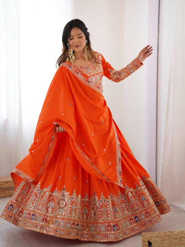 Embroidered Sequinned Semi-Stitched Lehenga