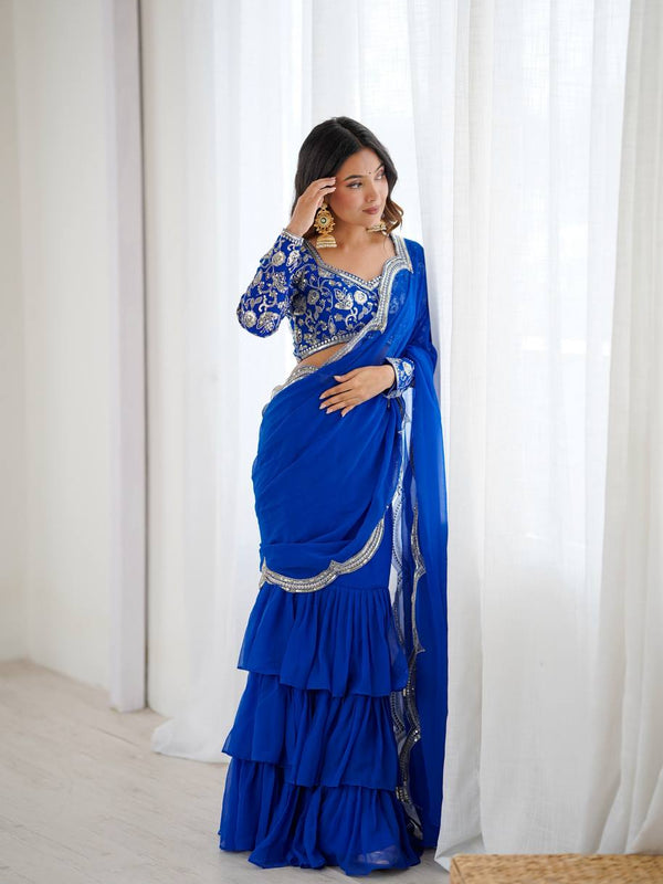 Party Wear Embroidered Ruffle Saree