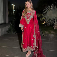 Red & Pink Chinon Dresses ,Pant Set with Dupatta