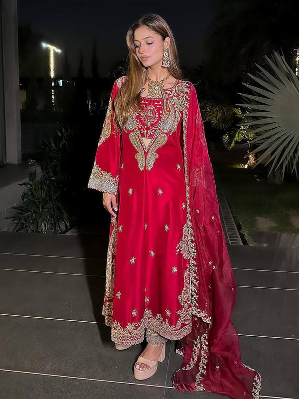 Red & Pink Chinon Dresses ,Pant Set with Dupatta