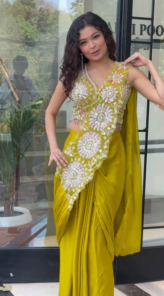 Ready-to-Wear Faux Georgette Drape Saree with Embroidered Blouse