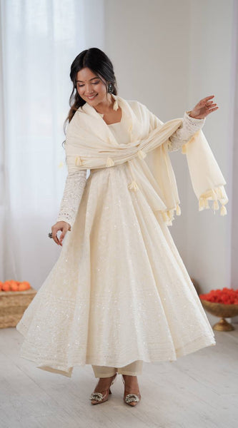 Schiffli Work Kora Cotton Anarkali Set Lehenga