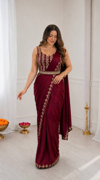 Luxury Ready-to-Wear Heavy Crepe Silk Saree with Embroidery & Golden Foil Work