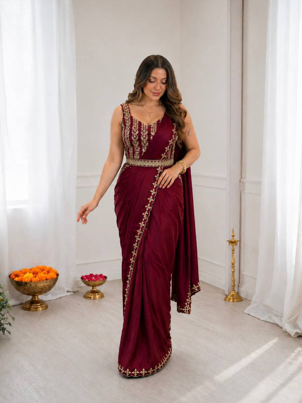 Luxury Ready-to-Wear Heavy Crepe Silk Saree with Embroidery & Golden Foil Work
