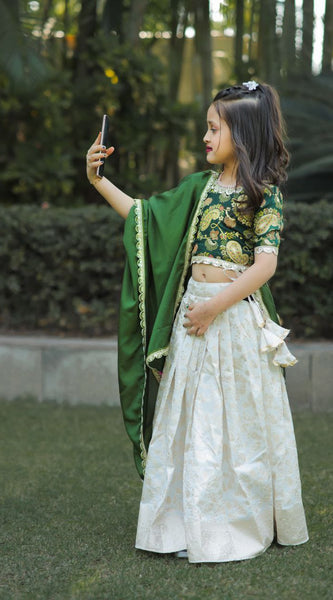 Exclusive Kids Lehenga Choli With Zari Weaving Work(Green)