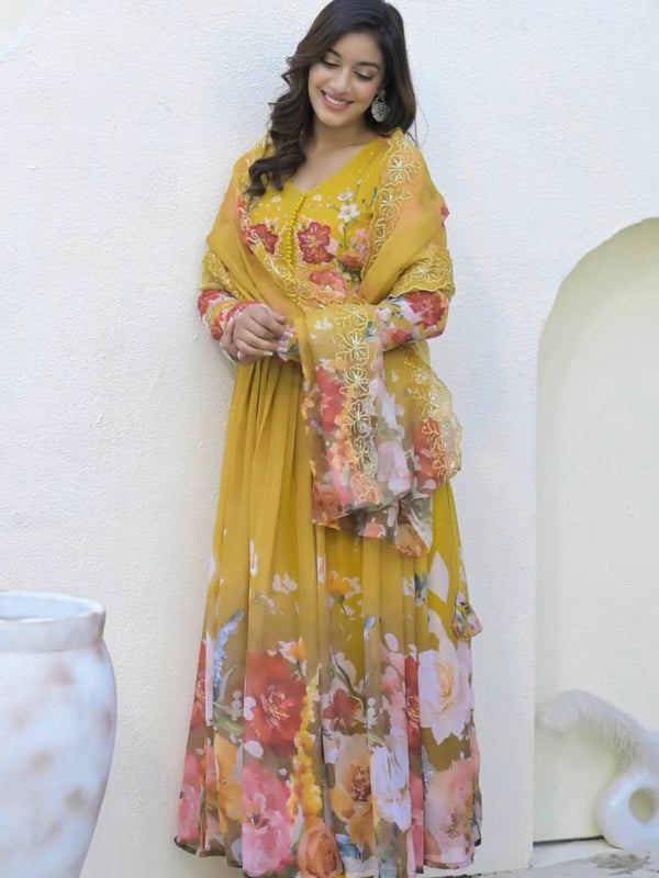 Embroidery Sequence Work With Digital Print With Lace Border Lehenga