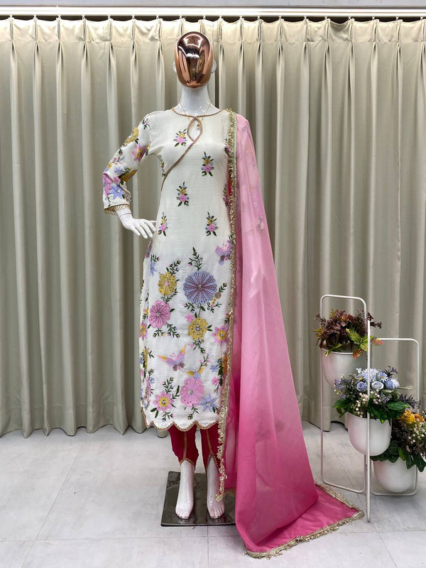 Embroidered Chinon Boat Neck Dresses