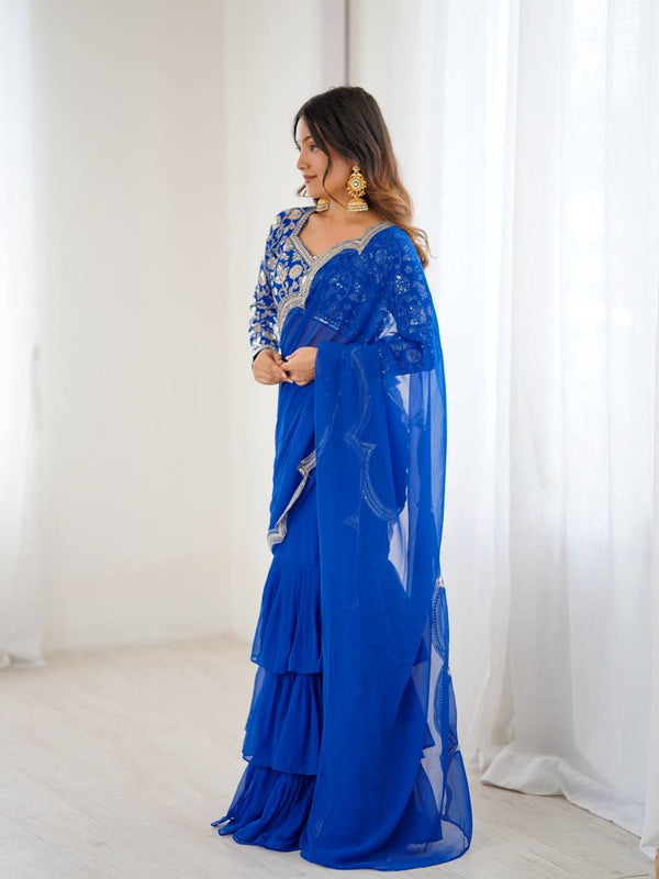 Party Wear Embroidered Ruffle Saree
