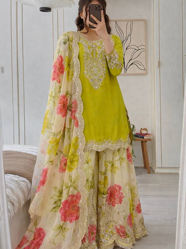 Heavy Embroidery Chinon Palazzo Indo Western