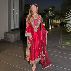 Red & Pink Chinon Dresses ,Pant Set with Dupatta