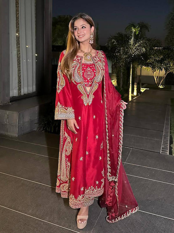 Red & Pink Chinon Dresses ,Pant Set with Dupatta