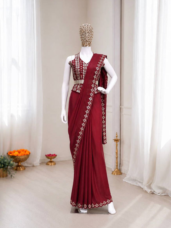 Luxury Ready-to-Wear Heavy Crepe Silk Saree with Embroidery & Golden Foil Work