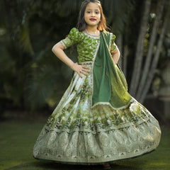 Kids Lehenga Choli in Pure Silk With Zari Weaving Work (Green)