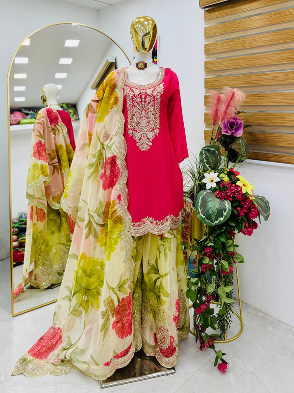 Heavy Embroidery Chinon Palazzo Indo Western