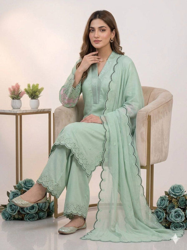 Designer Mal Chanderi Sequence Embroidered Kurta Palazzo Set With Organza Dupatta