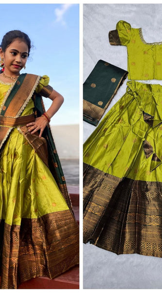 South Indian Silk Lehenga Set for Kids – With Contrast Dupatta (Pista Green)