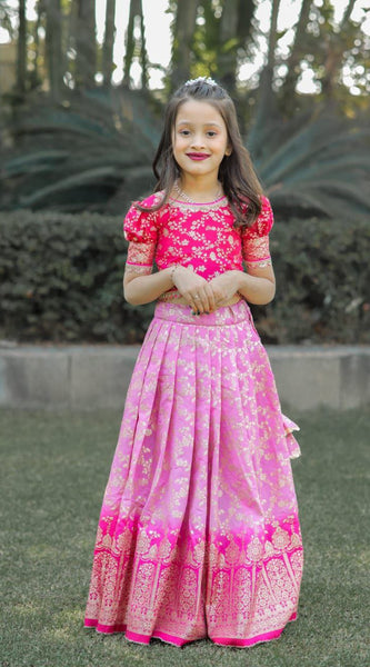 Kids Lehenga Choli in Pure Silk With Zari Weaving Work (Pink)