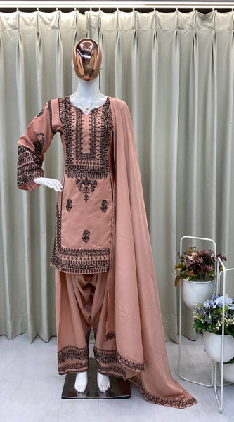 DESIGNER WEAR EXCLUSIVE FARSI SALWAR SUIT IN SEQUENCE EMBROIDERED FRENCH CREAPE TOP AND SALWAR WITH DUPATTA Co-Ord Set