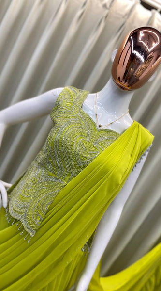 NEW READY TO WEAR LEHENGA SAREE WITH SLEEVLESS  BLOUSE WITH BACK PATTERN AND SEQUENCE EMBROIDERY WORK