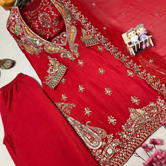 Red & Pink Chinon Dresses ,Pant Set with Dupatta