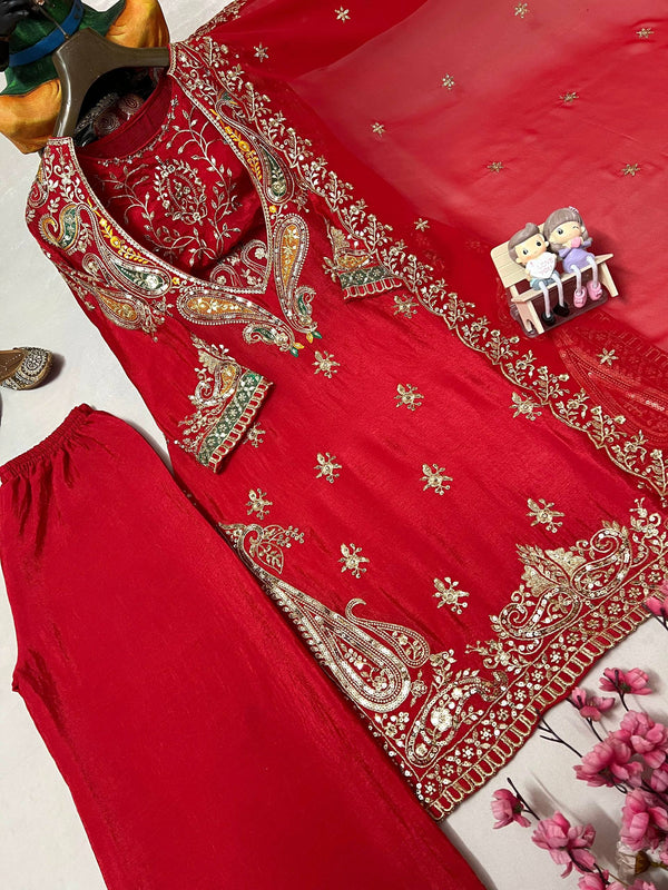 Red & Pink Chinon Dresses ,Pant Set with Dupatta