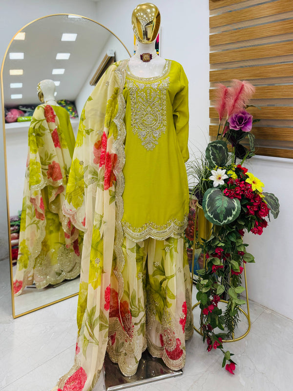 Heavy Embroidery Chinon Palazzo Indo Western