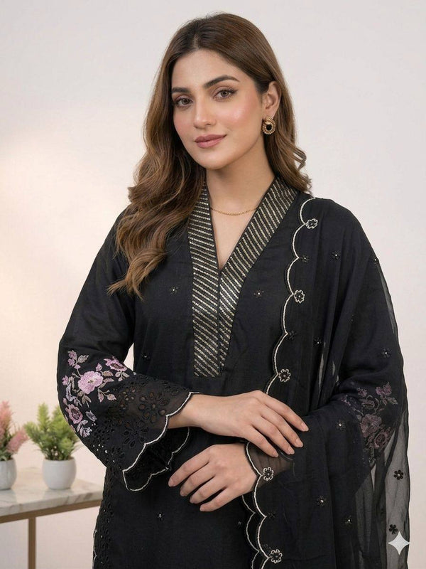 Designer Mal Chanderi Sequence Embroidered Kurta Palazzo Set With Organza Dupatta