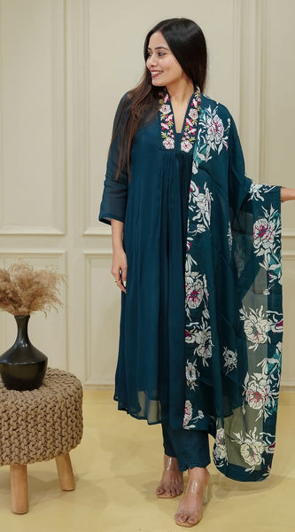 Teal Blue Floral Embroidered Ethnic Dresses