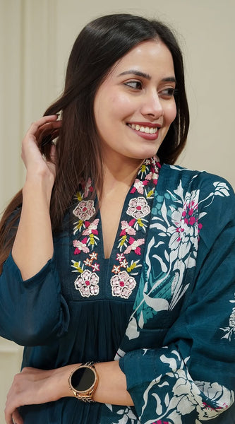 Teal Blue Floral Embroidered Ethnic Dresses