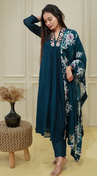 Teal Blue Floral Embroidered Ethnic Dresses